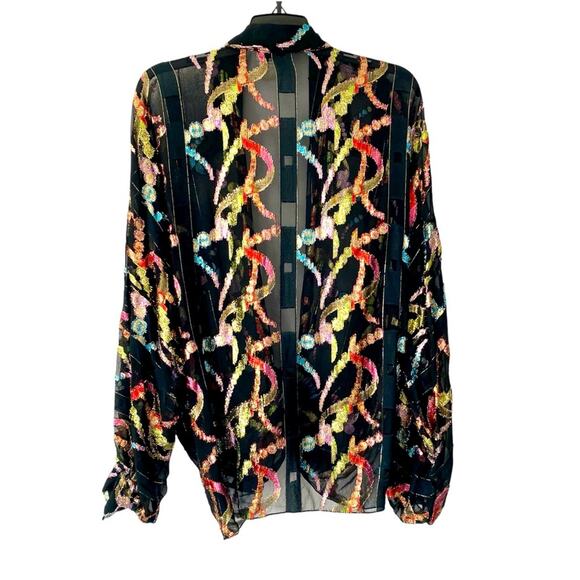 Patra Vintage Lame Metallic Open Tie Front Black Sheer Blouse size large USA - Picture 6 of 8